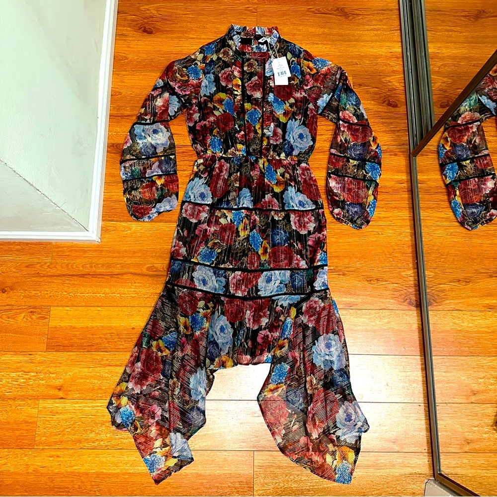 NWT Walter Baker Floral Asymmetrical Lona Dress, Ruffle, Vibrant Bouquet Size 6